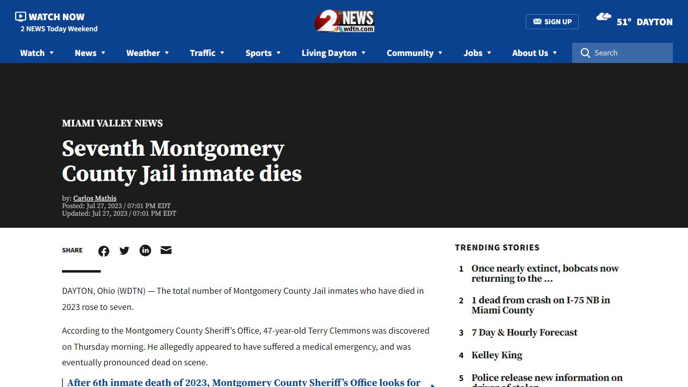 Seventh Montgomery County Jail inmate dies - WDTN.com