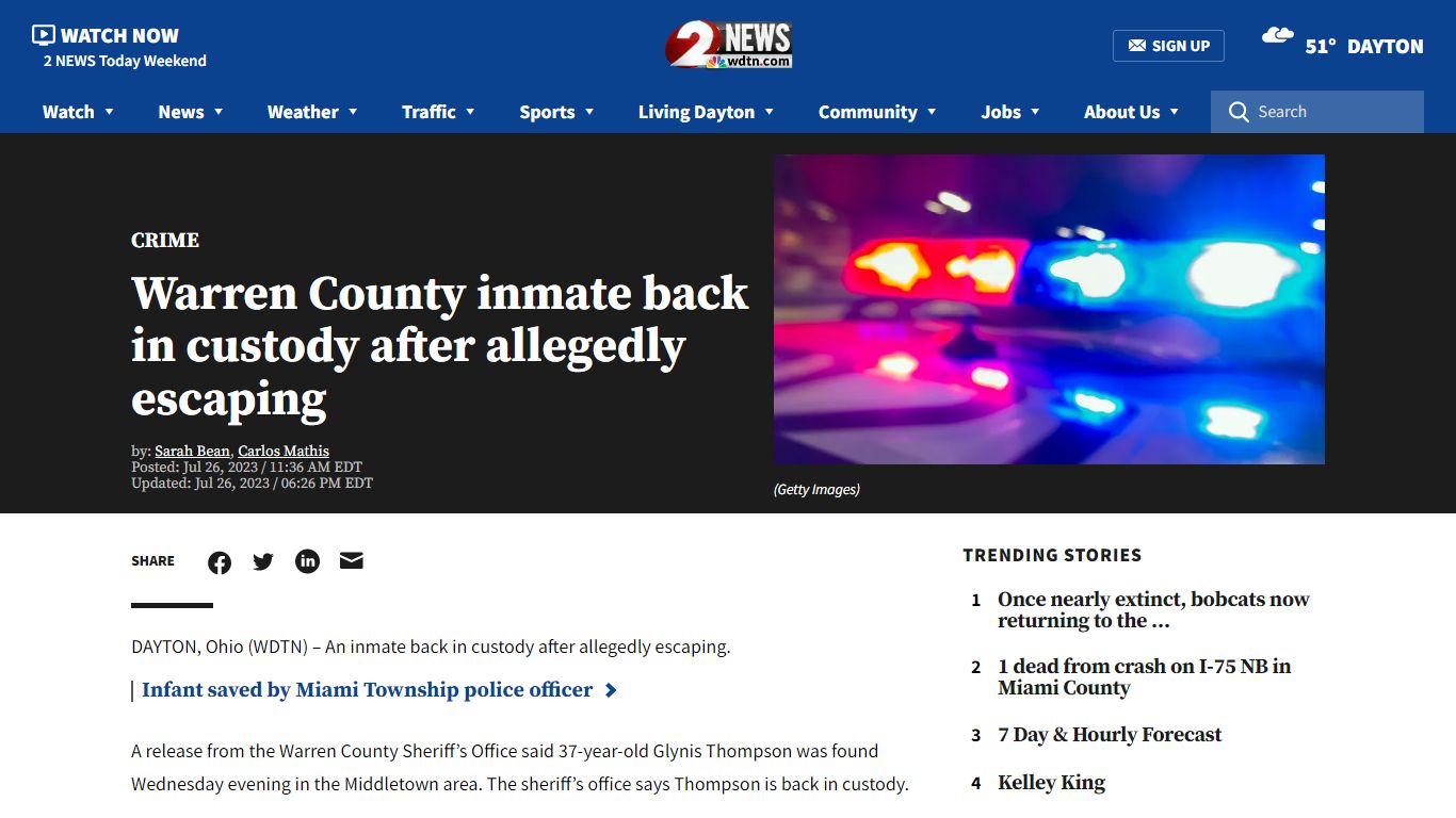 Warren County inmate back in custody after allegedly escaping - WDTN.com