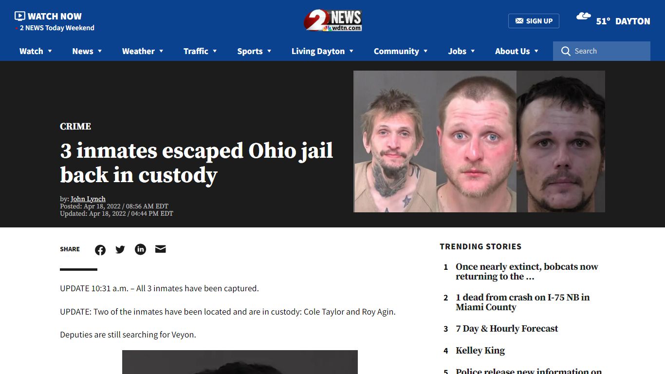3 inmates escaped Ohio jail back in custody - WDTN.com